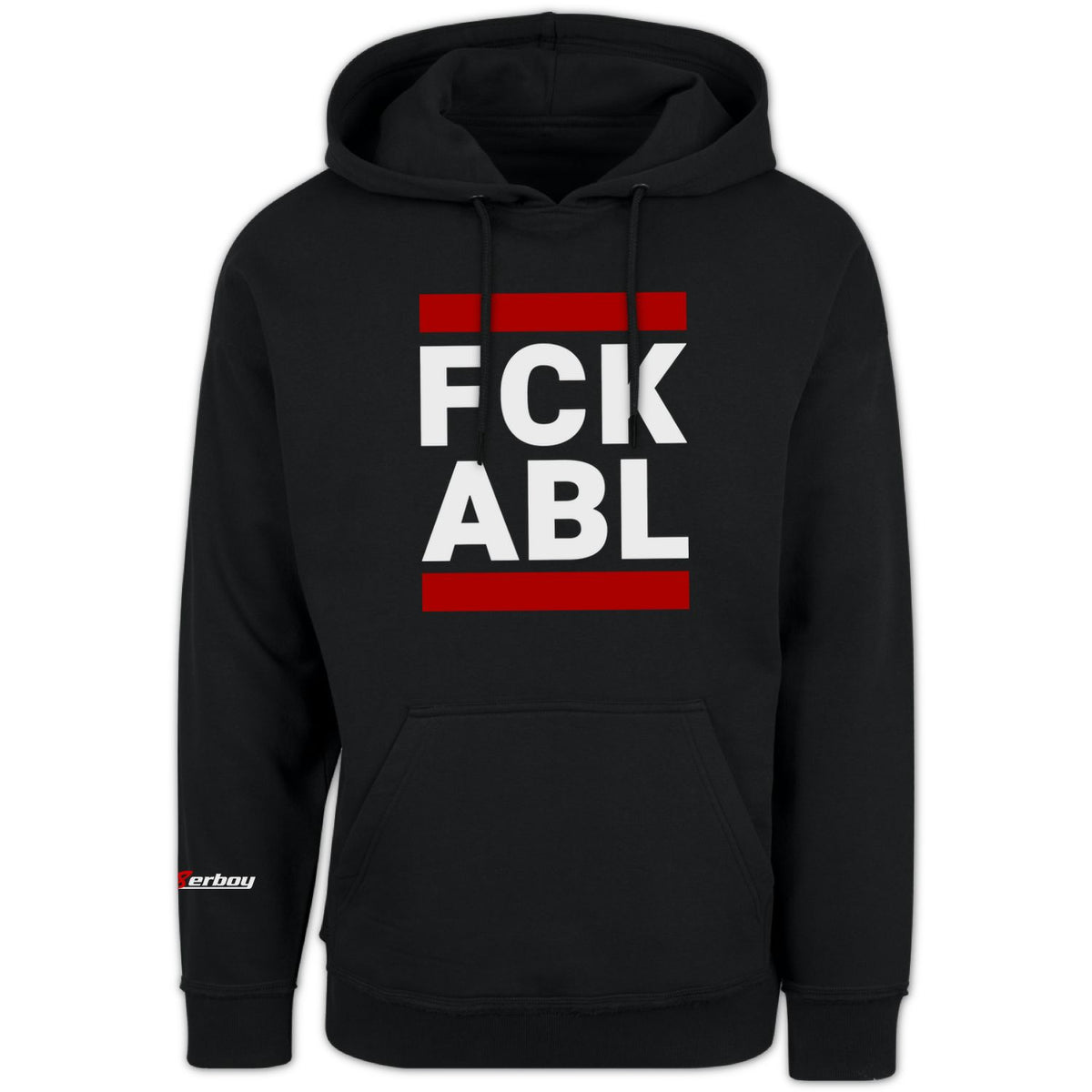 sweat-shirt à capuche noir sk8erboy, fétiche gay, avec logo sur la manche et FCK ABL sur le devant en noir, blanc et rouge