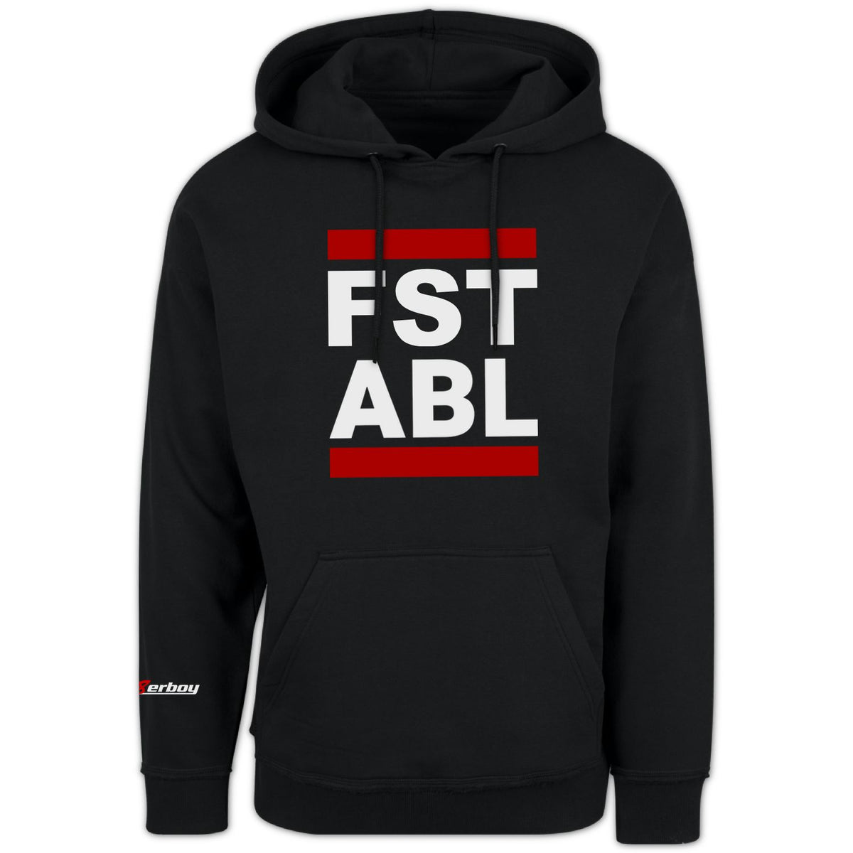 black sk8erboy hooded sweatshirt gay fetish sweat shirt with logo on the arm and FST ABL on the front in black, white and red
