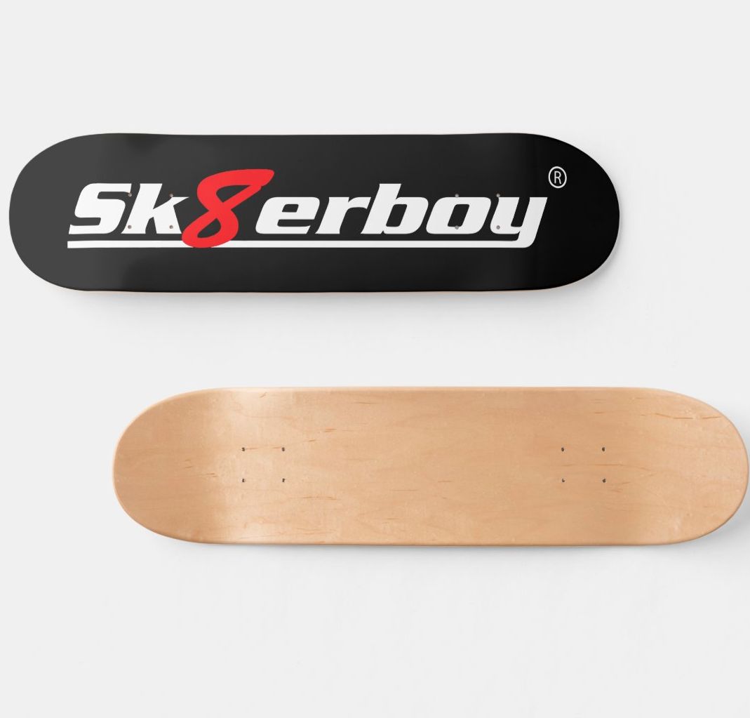 Limited-edition Sk8erboy skateboard made in the USA from maple wood and crafted by pros, now exclusively at Sk8erboy. For wall decor or with mounted wheels, grip tape and trucks, also usable in the halfpipe. Sk8erboy logo on bottom, bare wood on top