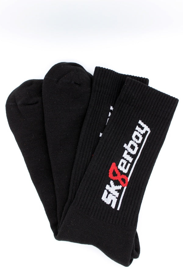 sk8erboy crew socks in black with white sk8erboy lettering and red 8